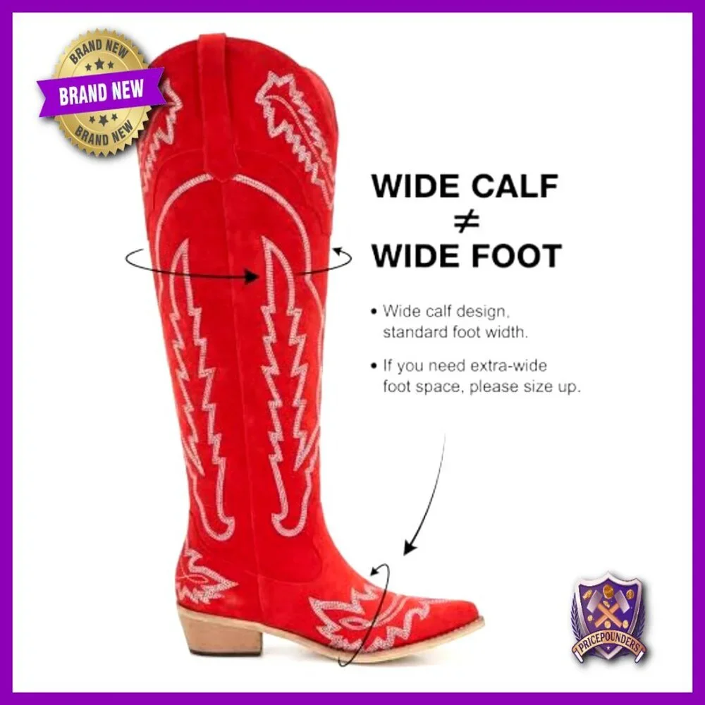 Western Over the Knee Boots Wide Calf Plus Size Suede Mid Heel Cowgirl